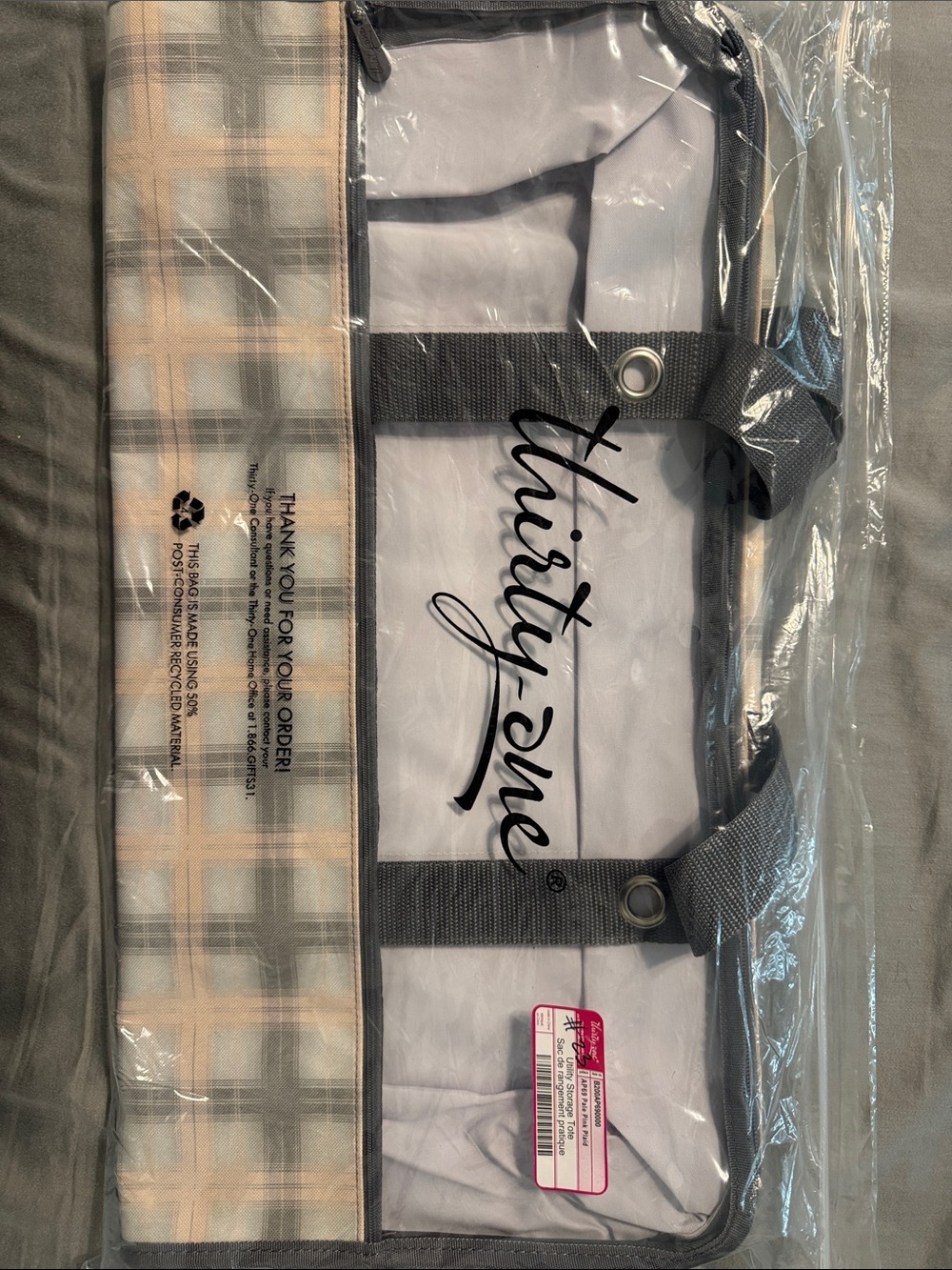 NEW in packaging- thirty-one Utility Storage Tote - Pale pink & Gray.